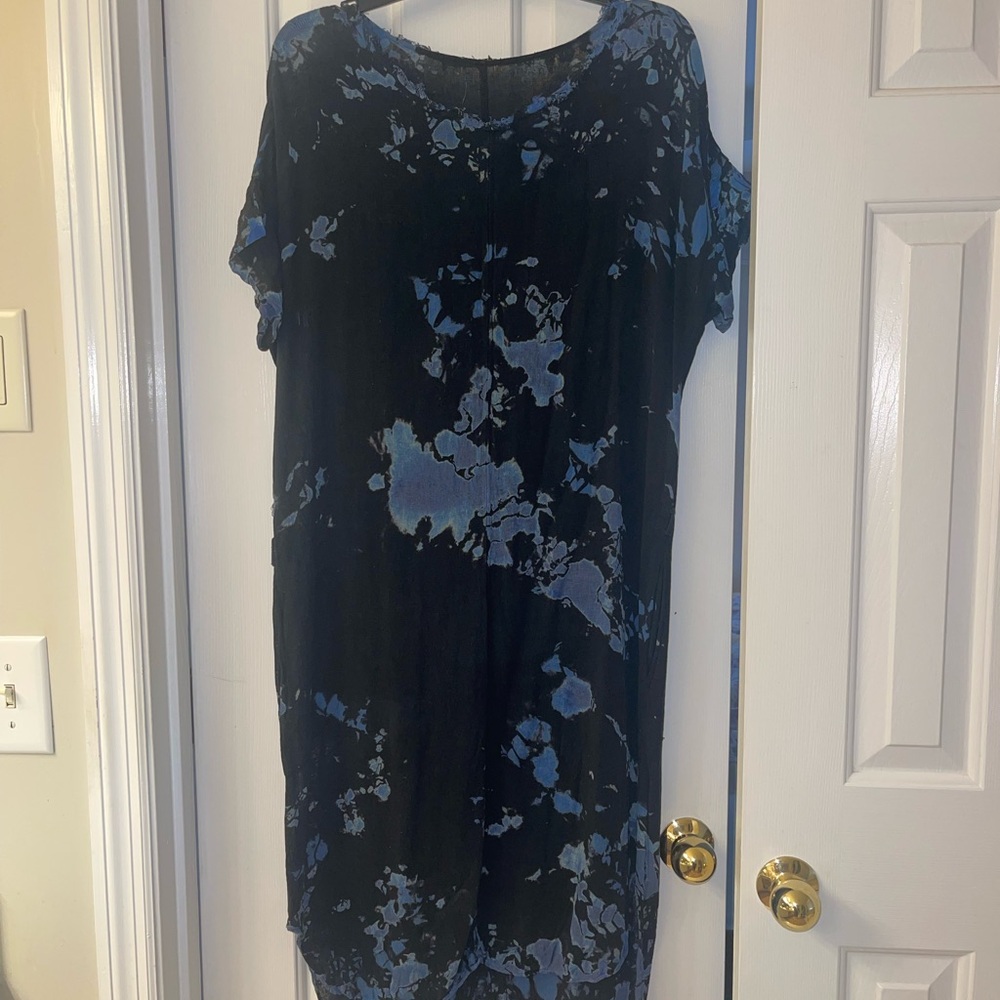 Raw silk Black and Blue Tie-Dye Dress